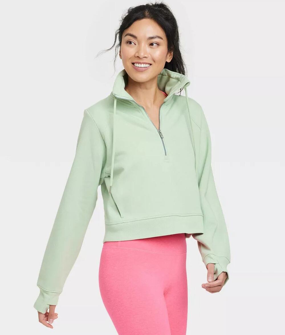 All in Motion Green Cropped Half Zip Pullover Sweatshirt Drawstring Size S